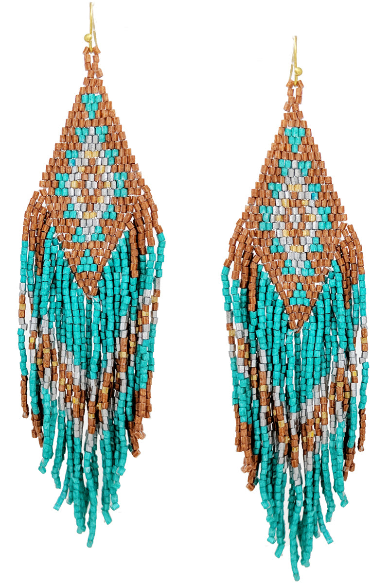 WESTERN NAVAJO CONCHO STYLE CHEVRON AZTEC PATTERN SEED BEADS TASSEL FISH HOOK DANGLING EARRING