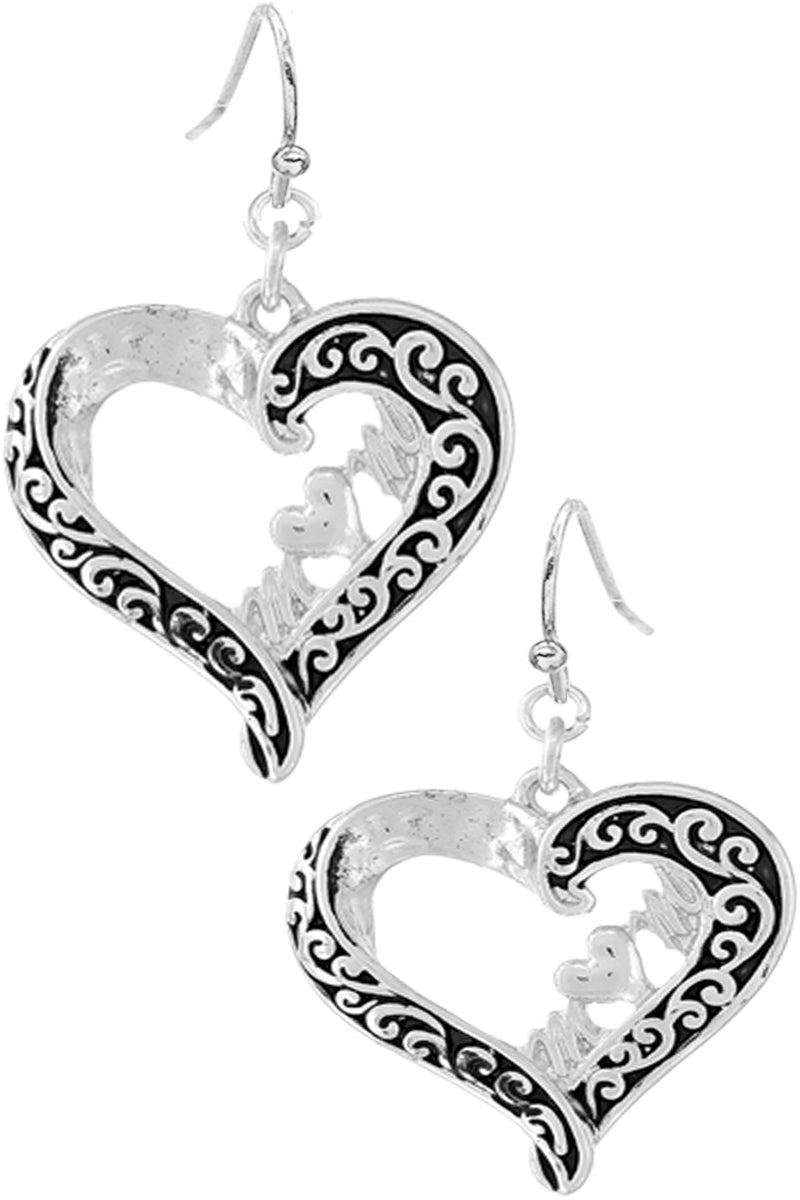 PAISLEY TEXTURED MOM MESSAGE OPEN HEART FISH HOOK DANGLING EARRING