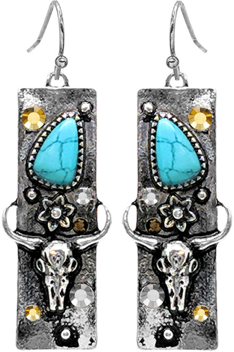 WESTERN CONCHO STYLE FLOWER TEXTURED GEMSTONE RHINESTONE MIX STEER HEADS RECTANGULAR BAR  CASTING FISH HOOK DANGLING EARRING