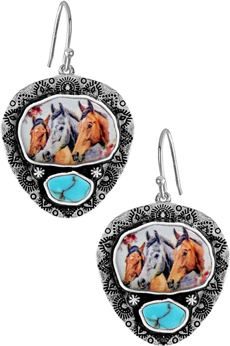 WESTERN CONCHO AZTEC GEMSTONE HORSES EARRING