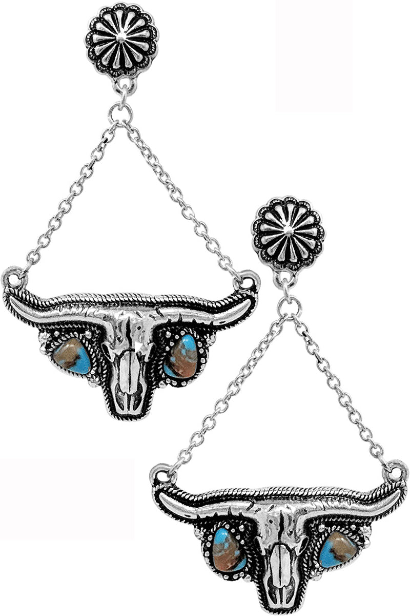 WESTERN GEMSTONE STEER HEAD CONCHO FLOWER EARRING