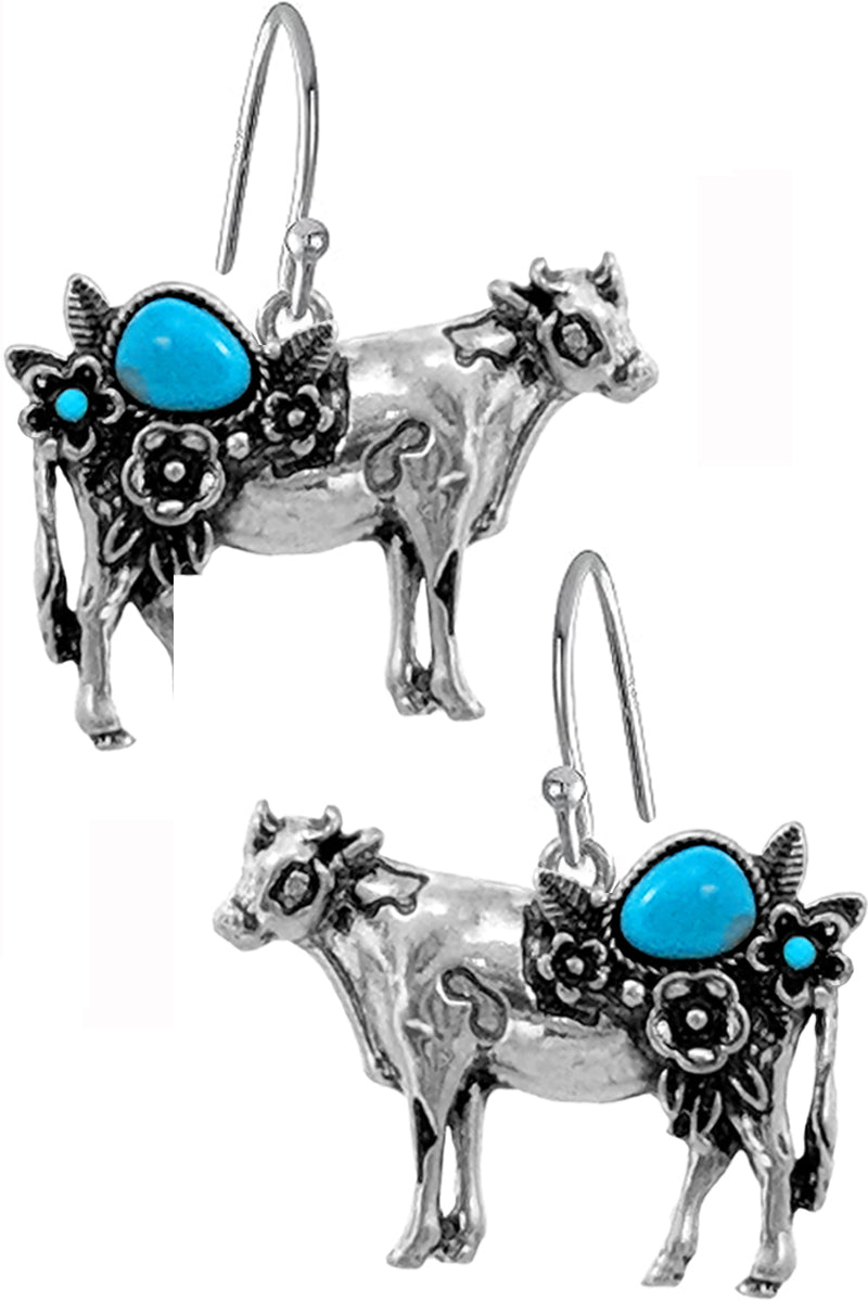 WESTERN GEMSTONE FLOWER COW EARRING