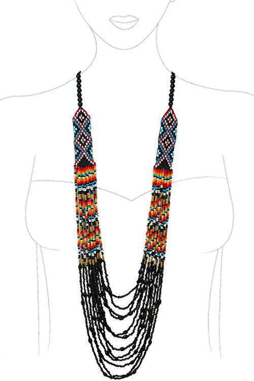 WESTERN CONCHO NAVAJO CHEVRON GEOMETRIC AZTEC PATTERN SEED BEADS MULTI STRAND LOBSTER CLUSTER LONG NECKLACE