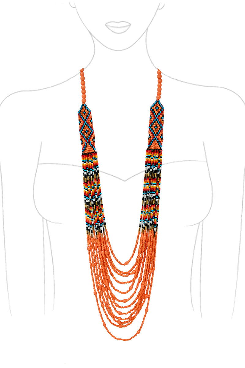 WESTERN CONCHO NAVAJO CHEVRON GEOMETRIC AZTEC PATTERN SEED BEADS MULTI STRAND LOBSTER CLUSTER LONG NECKLACE