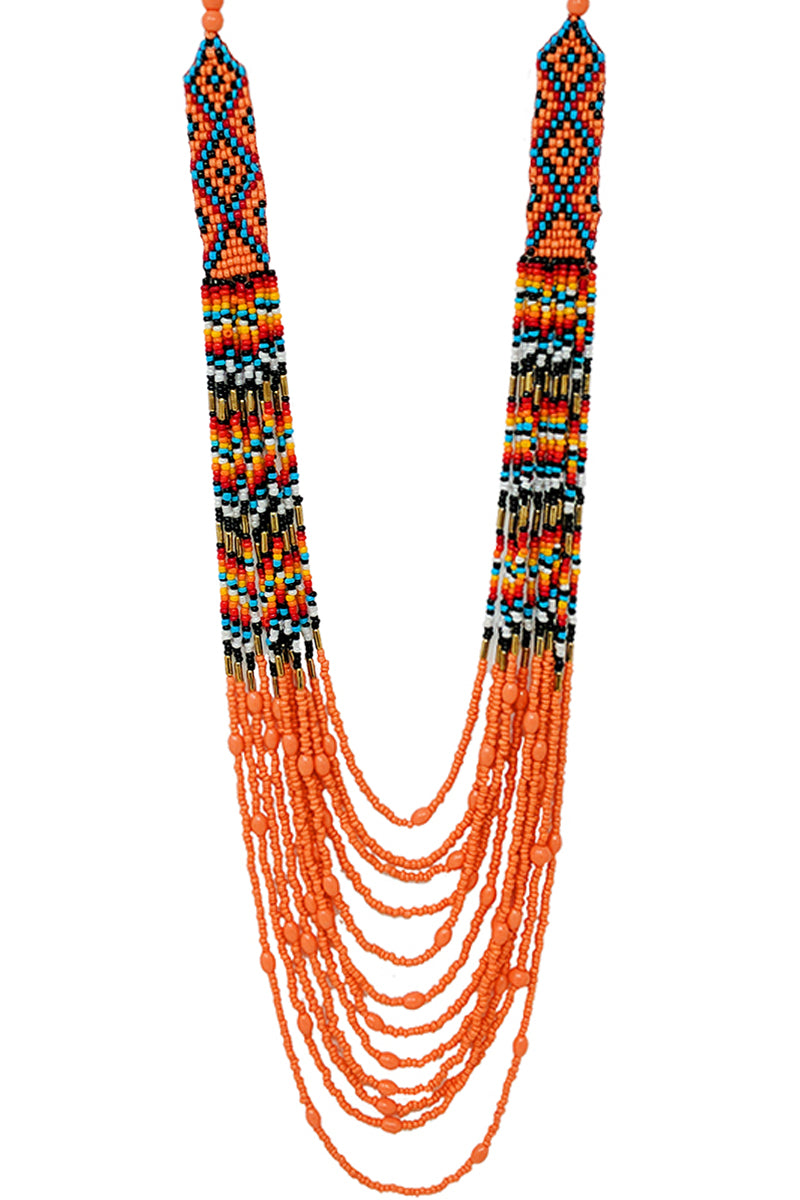 WESTERN CONCHO NAVAJO CHEVRON GEOMETRIC AZTEC PATTERN SEED BEADS MULTI STRAND LOBSTER CLUSTER LONG NECKLACE