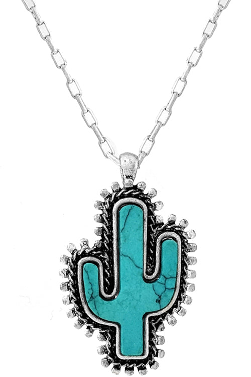 WESTERN STYLE CABLE TEXTURED GEMSTONE CACTUS CASTING PENDANT LOBSTER CLUSTER SHORT CHAIN NECKLACE