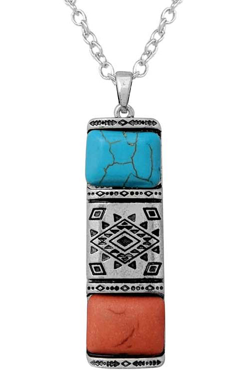 WESTERN STYLE AZTEC TEXTURED RECTANGULAR GEMSTONE BAR CASTING PENDANT LOBSTER CLUSTER SHORT NECKLACE