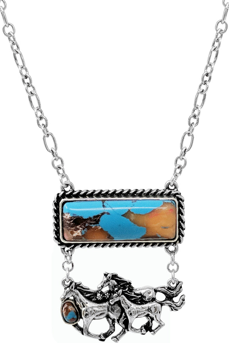 WESTERN GEMSTONE BAR HORSES CHARM PENDANT CLIPCHAIN NECKLACE