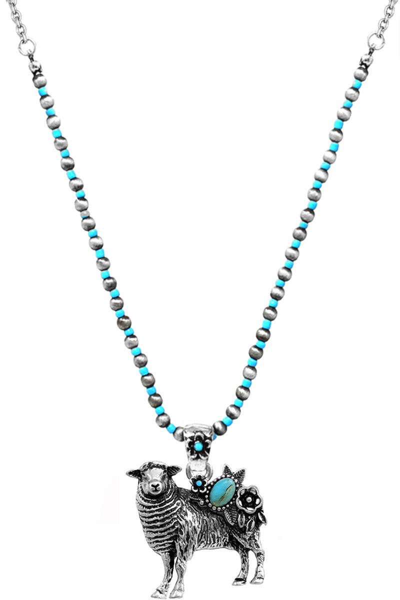 WESTERN GEMSTONE FLOWER SHEEP PENDANT BEADS CHAIN NECKLACE