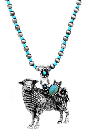 WESTERN GEMSTONE FLOWER SHEEP PENDANT BEADS CHAIN NECKLACE