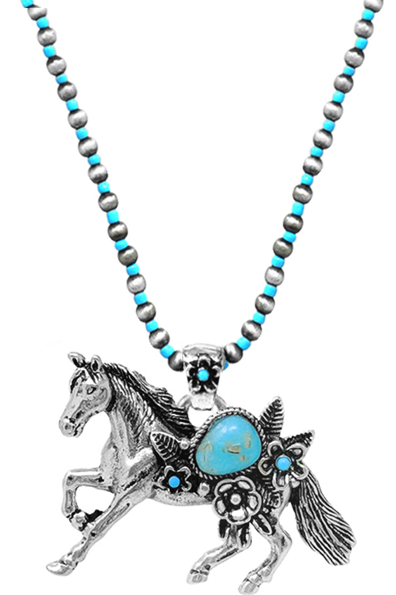 WESTERN GEMSTONE FLOWER HORSE PENDANT BEAD CHAIN NECKLACE