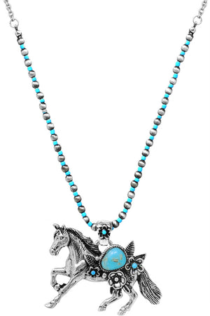 WESTERN GEMSTONE FLOWER HORSE PENDANT BEAD CHAIN NECKLACE