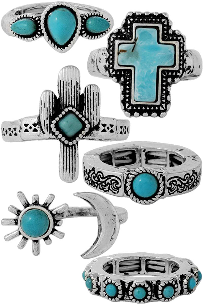 WESTERN CONCHO AZTEC MULTI GEMSTONE RING SET