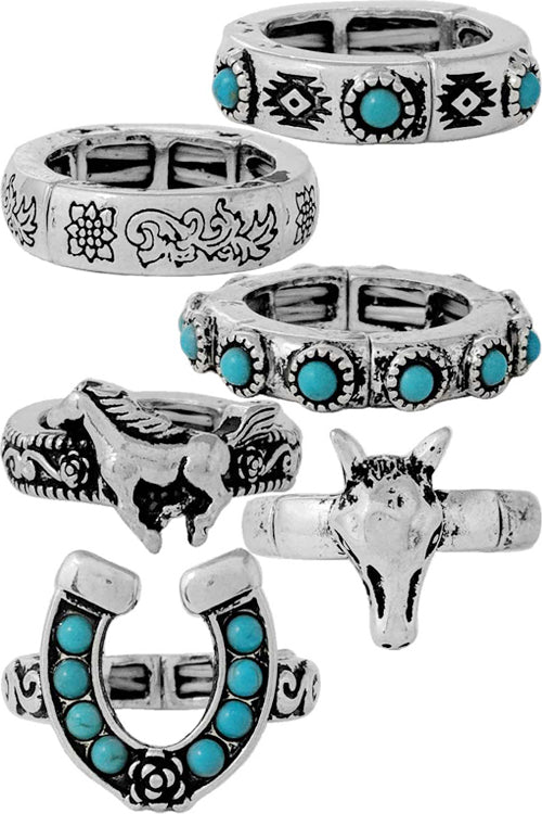 WESTERN AZTEC HORSE SHOE STEER HEAD GEMSTONE RINGS SET