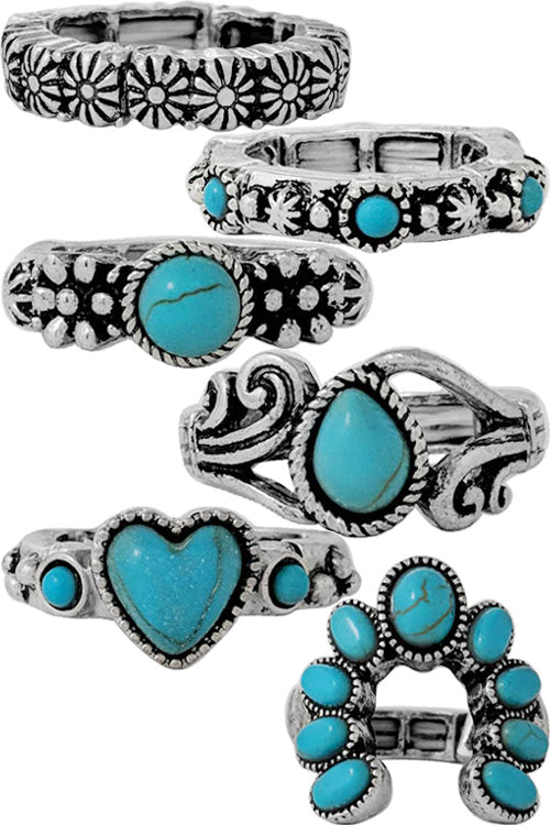 WESTERN AZTEC HEART SQUASH BLOSSOM GEMSTONE BAND RINGS SET