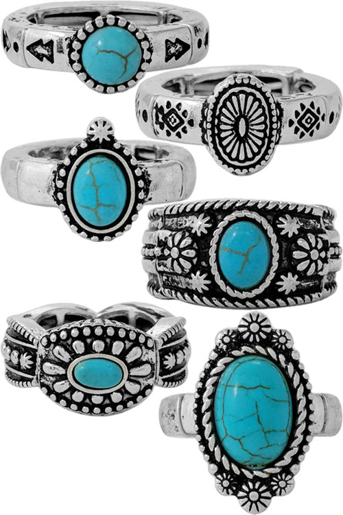 WESTERN STYLE CABLE GEMSTONE CONCHO FLOWER PAISLEY AZTEC TEXTURED MULTI SHAPE CASTING STRETCH BAND RING SET