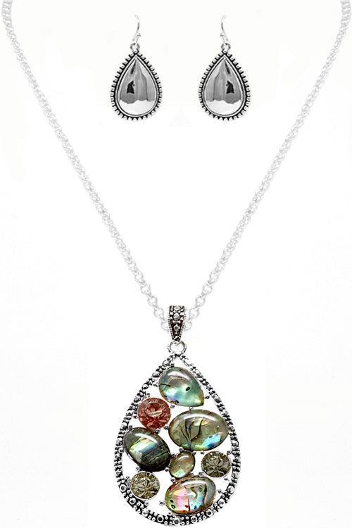 TAILORED TEXTURE MULTI SHAPE ABALONE PAVE TEARDROP CASTING PENDANT LOBSTER CLUSTER SHORT NECKLACE EARRING SET