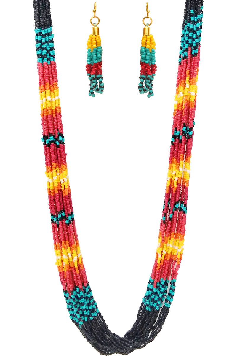MULTI STRAND SEED BEADS LOBSTER CLUSTER LONG NECKLACE EARRING SET