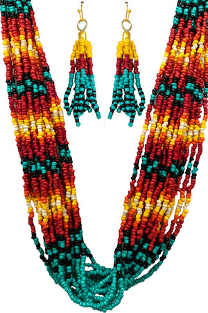 MULTI STRAND SEED BEADS LOBSTER CLUSTER SHORT NECKLACE EARRING SET