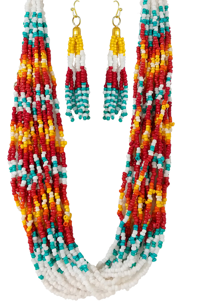 MULTI STRAND SEED BEADS LOBSTER CLUSTER SHORT NECKLACE EARRING SET