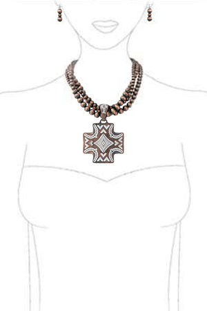 WESTERN CONCHO STYLE AZTEC TEXTURED CROSS SHAPE CASTING PENDANT MULTI STRAND NAVAJO PEARL LOBSTER CLUSTER SHORT NECKLACE EARRING SET<br>