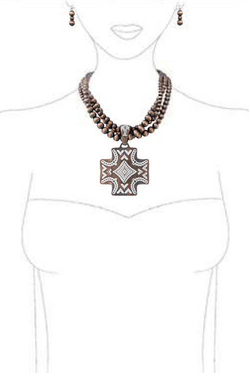 WESTERN CONCHO STYLE AZTEC TEXTURED CROSS SHAPE CASTING PENDANT MULTI STRAND NAVAJO PEARL LOBSTER CLUSTER SHORT NECKLACE EARRING SET<br>