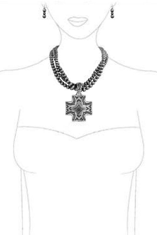 WESTERN CONCHO STYLE AZTEC TEXTURED CROSS SHAPE CASTING PENDANT MULTI STRAND NAVAJO PEARL LOBSTER CLUSTER SHORT NECKLACE EARRING SET<br>