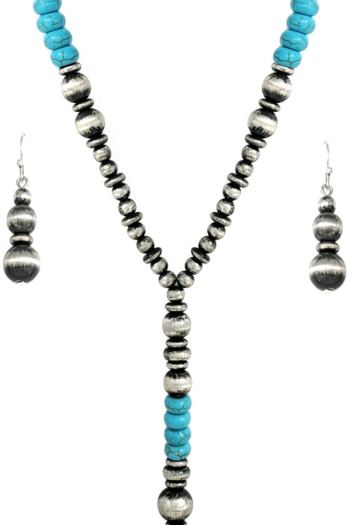 WESTERN NAVAJO PEARL GEMSTONE BALL LARIAT NECKLACE SET