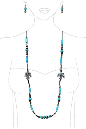 WESTERN STYLE AZTEC TEXTURED GEMSTONE THUNDERBIRD CASTING STATION  NAVAJO PEARL LOBSTER CLUSTER LONG NECKLACE EARRING SET