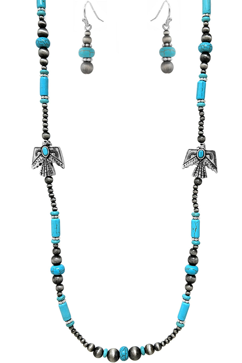 WESTERN STYLE AZTEC TEXTURED GEMSTONE THUNDERBIRD CASTING STATION  NAVAJO PEARL LOBSTER CLUSTER LONG NECKLACE EARRING SET