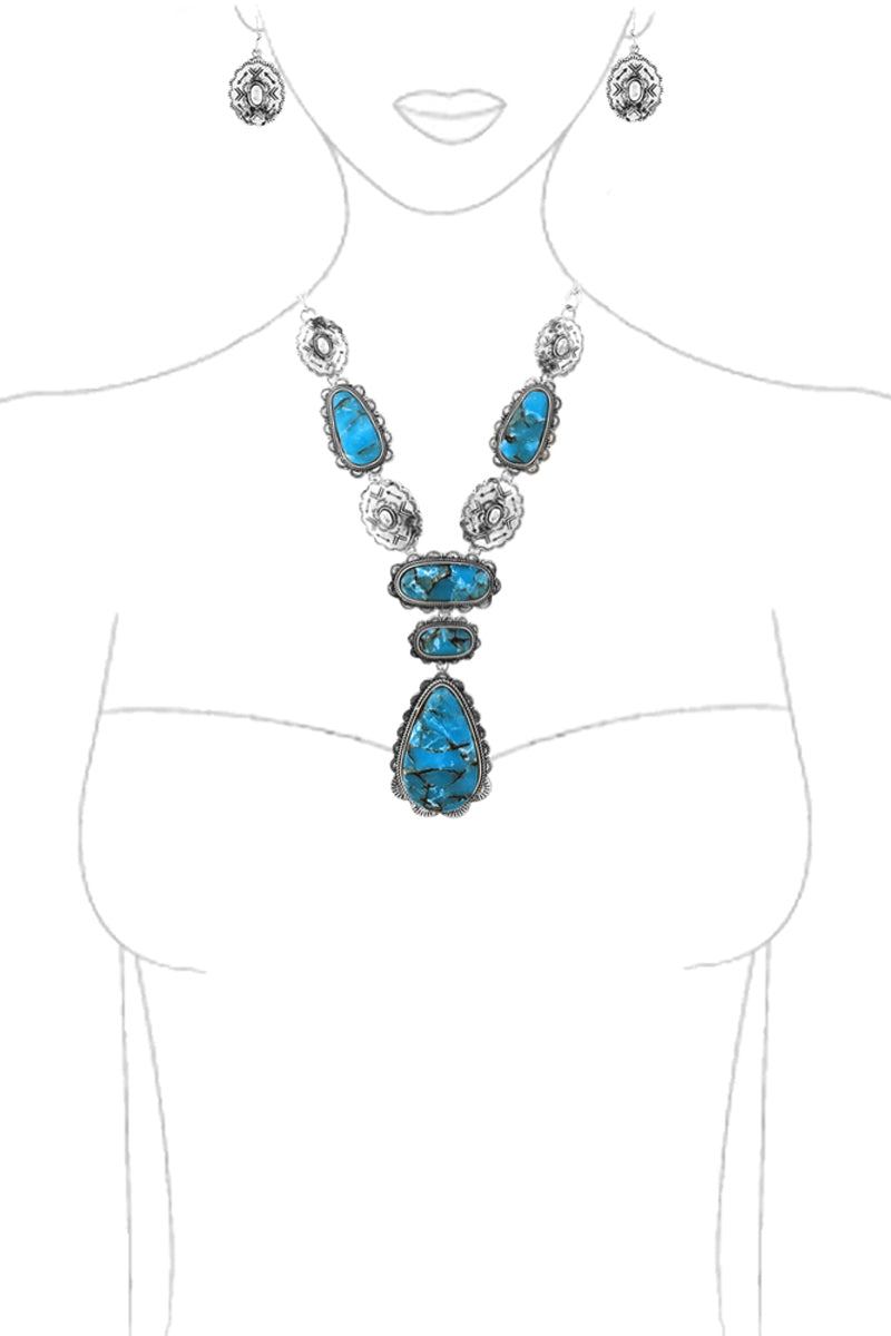 WESTERN CONCHO STYLE AZTEC TEXTURED MULTI SHAPE GEMSTONE CASTING LOBSTER CLUSTER LONG Y NECKLACE EARRING SET