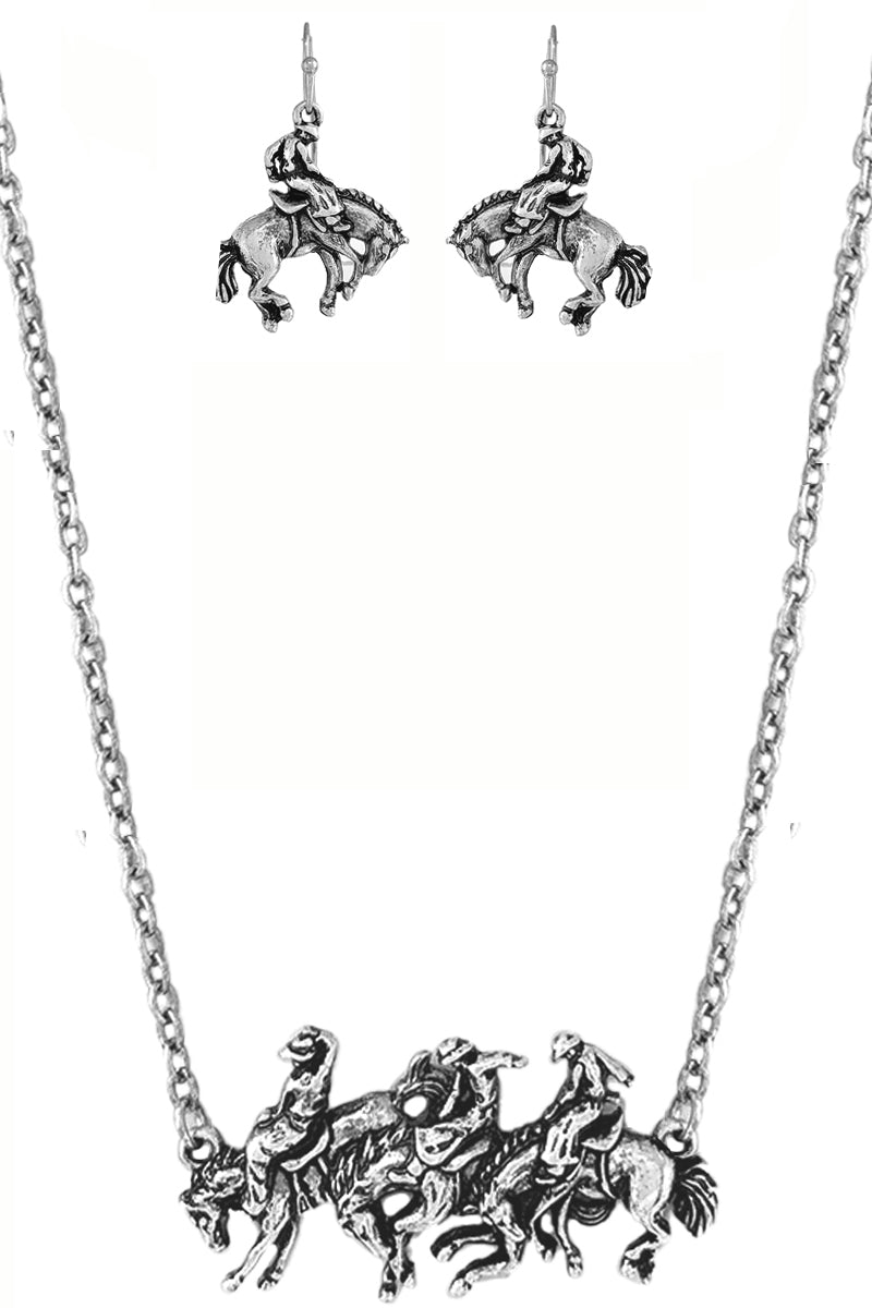 WESTERN STYLE RODEO COWBOY HORSE CASTING PENDANT LOBSTER CLUSTER SHORT CHAIN NECKLACE EARRING SET