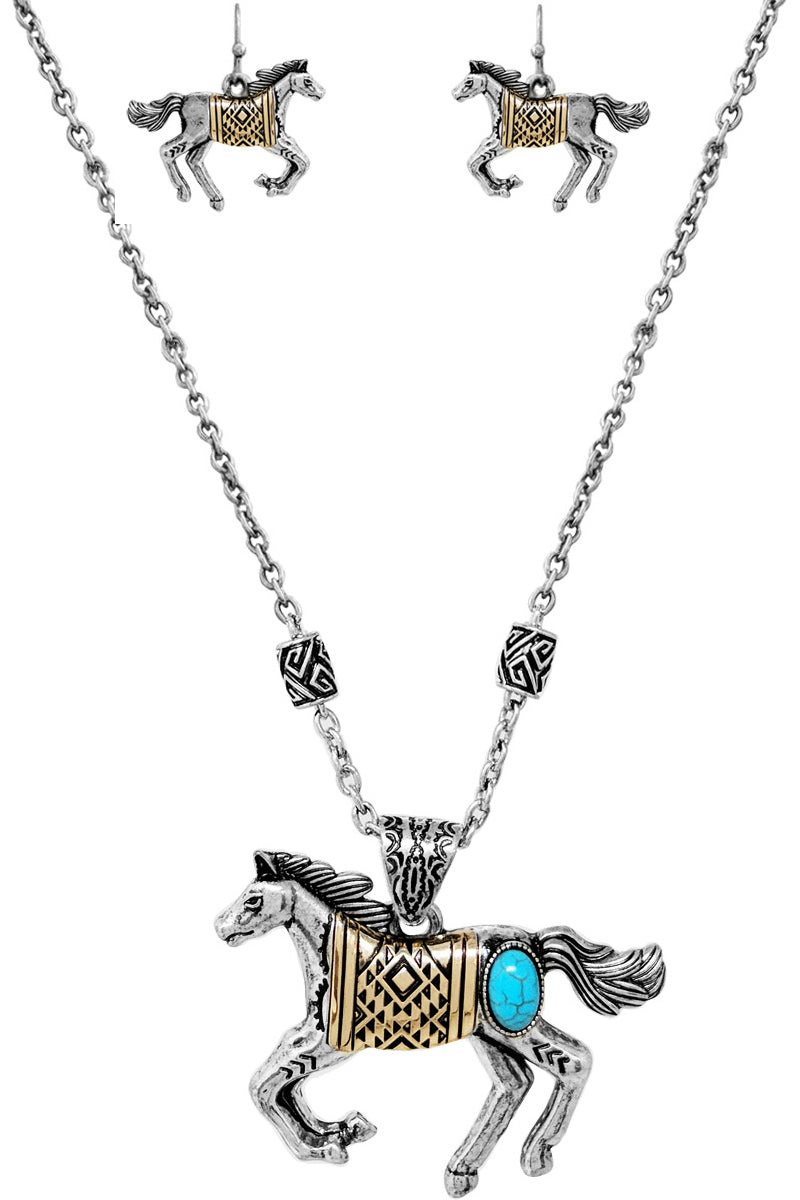 WESTERN STYLE AZTEC TEXTURED GEMSTONE HORSE CASTING PENDANT LOBSTER CLUSTER SHORT CHAIN NECKLACE EARRING SET