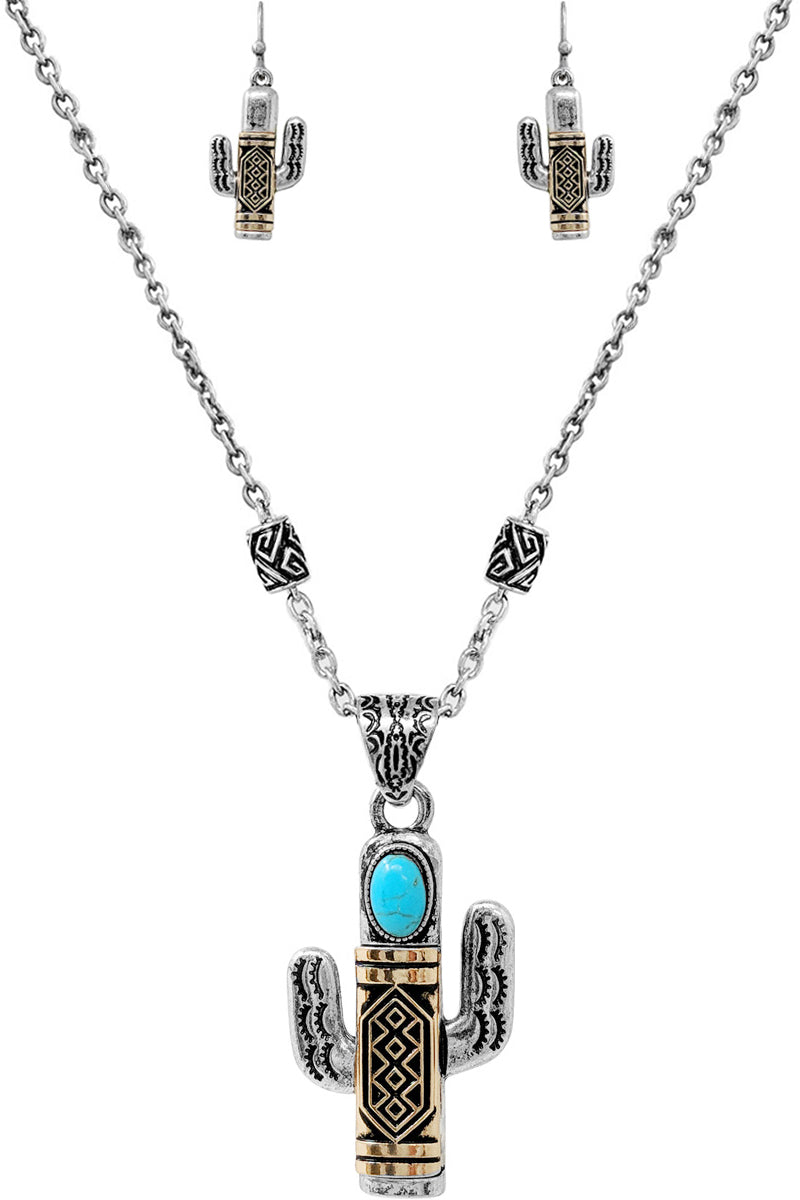 WESTERN STYLE AZTEC TEXTURED GEMSTONE CACTUS CASTING PENDANT LOBSTER CLUSTER SHORT CHAIN NECKLACE EARRING SET