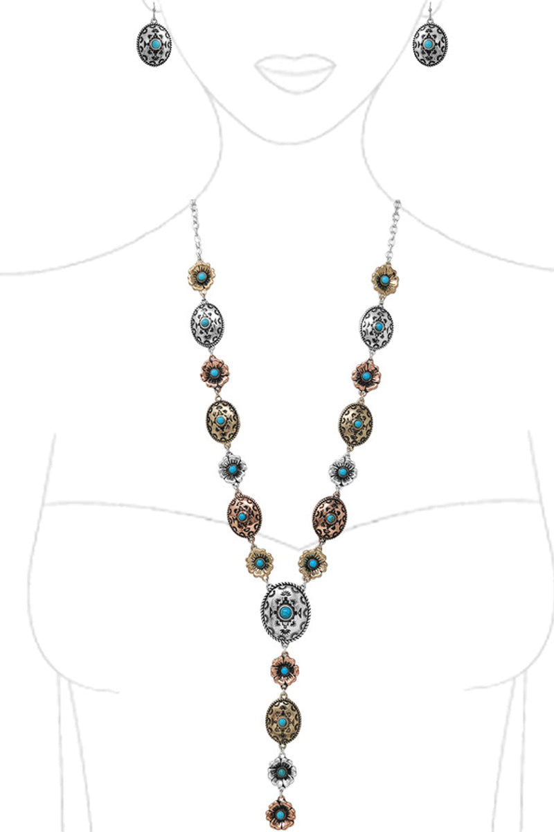 WESTERN AZTEC GEMSTONE FLOWER LARIAT Y CHAIN NECKLACE SET