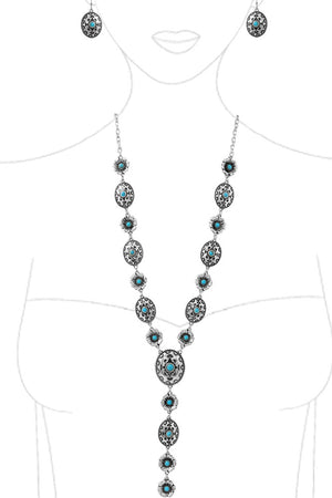 WESTERN AZTEC GEMSTONE FLOWER LARIAT Y CHAIN NECKLACE SET