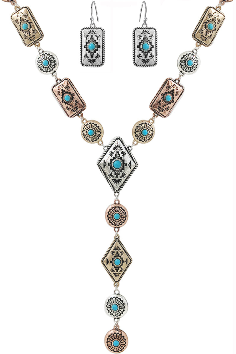 WESTERN AZTEC GEMSTONE FLOWER BAR LARIAT Y CHAIN NECKLACE SET