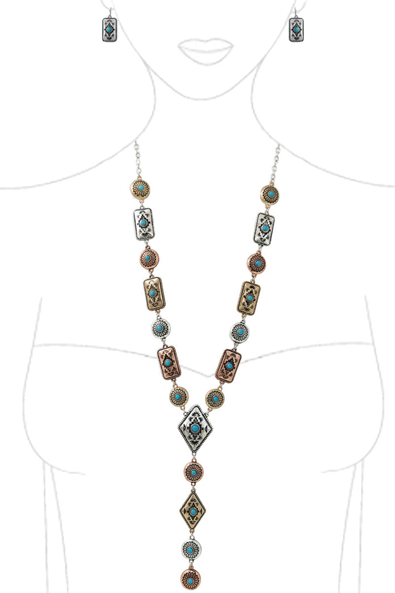 WESTERN AZTEC GEMSTONE FLOWER BAR LARIAT Y CHAIN NECKLACE SET