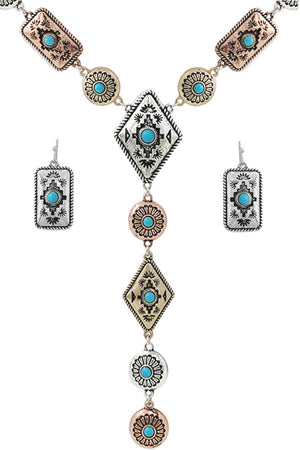 WESTERN AZTEC GEMSTONE FLOWER BAR LARIAT Y CHAIN NECKLACE SET