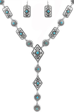 WESTERN AZTEC GEMSTONE FLOWER BAR LARIAT Y CHAIN NECKLACE SET