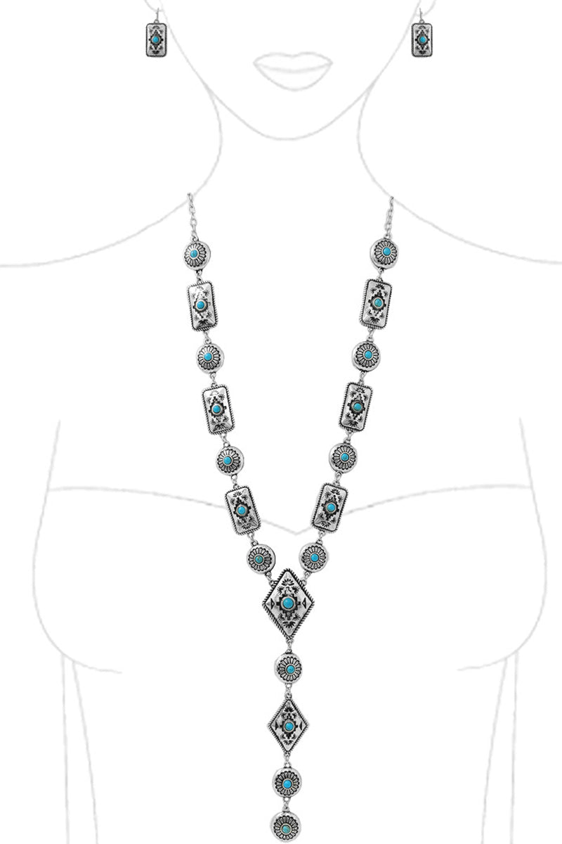 WESTERN AZTEC GEMSTONE FLOWER BAR LARIAT Y CHAIN NECKLACE SET