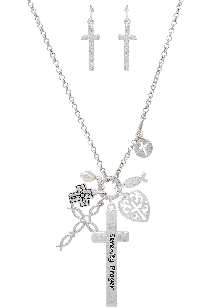 SERENITY PRAYER CROSS  PEARL CHARM NECKLACE 