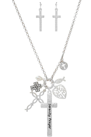 SERENITY PRAYER CROSS  PEARL CHARM NECKLACE 