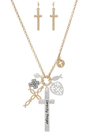 SERENITY PRAYER CROSS  PEARL CHARM NECKLACE 