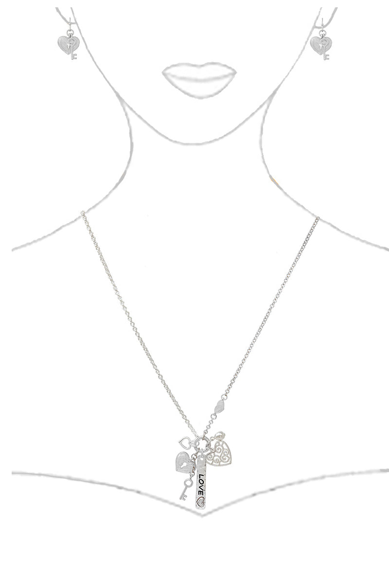 LOVE BAR HEART KEY PEARL CHARM NECKLACE