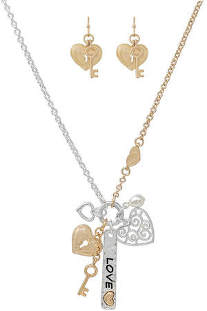 LOVE BAR HEART KEY PEARL CHARM NECKLACE