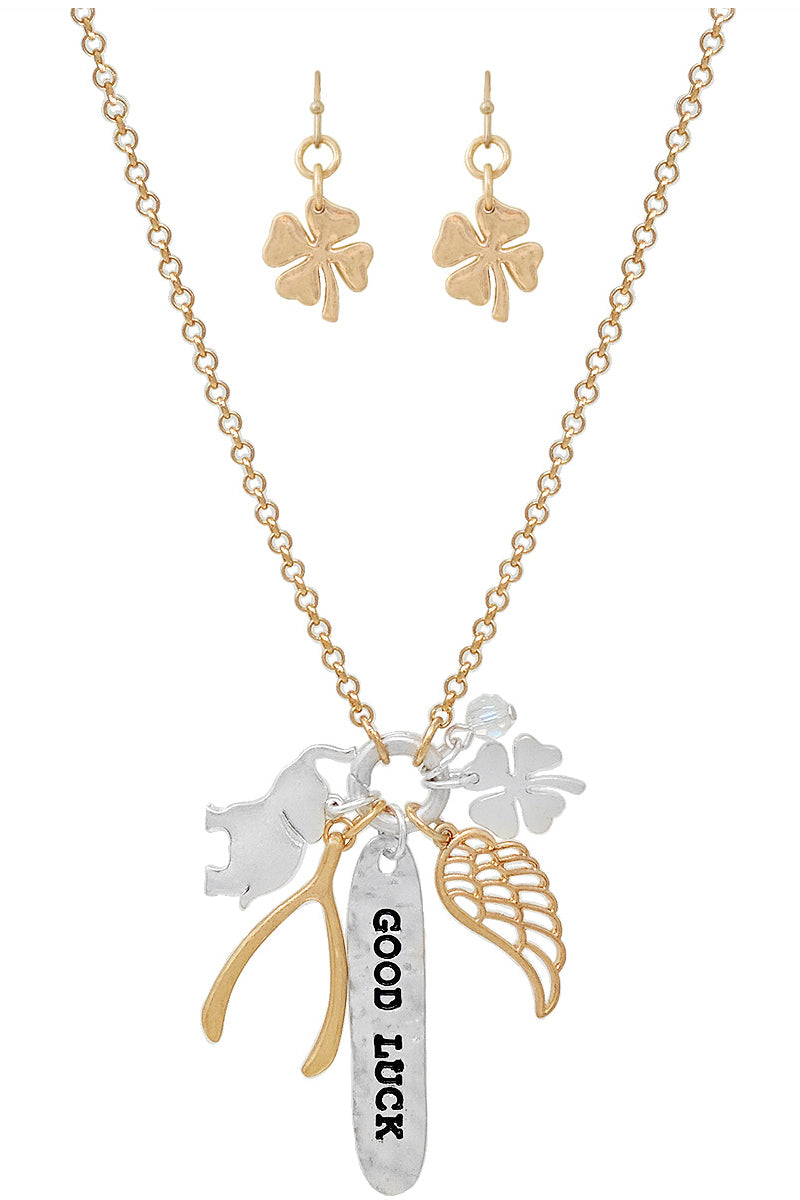 GOOD LUCK CLOVER WING WISH BONE PEARL NECKLACE