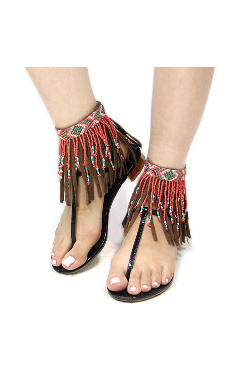 AZTEC SEED BEADS SUEDE TASSEL ANKLE SHOE BRACELET