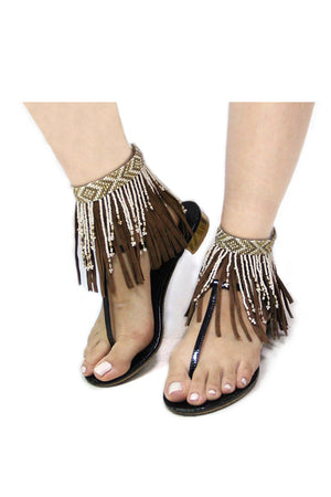 AZTEC SEED BEADS SUEDE TASSEL ANKLE SHOE BRACELET