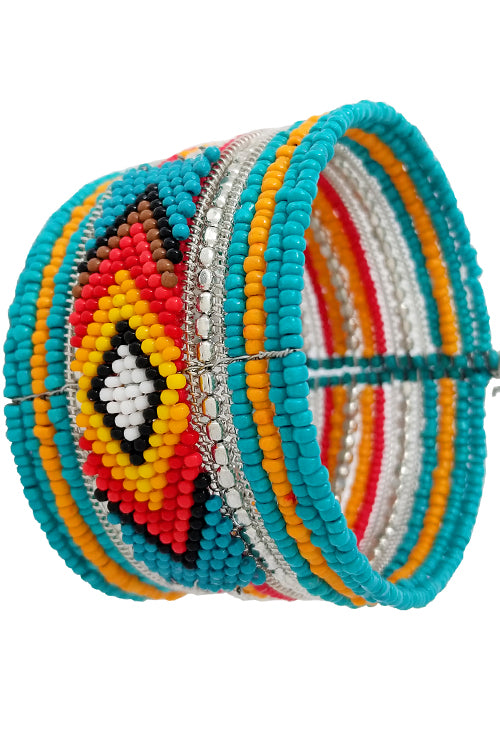 WESTERN STYLE AZTEC PATTERN SEED BEADS WIDE WIRE FLEXIBLE CUFF BRACELET